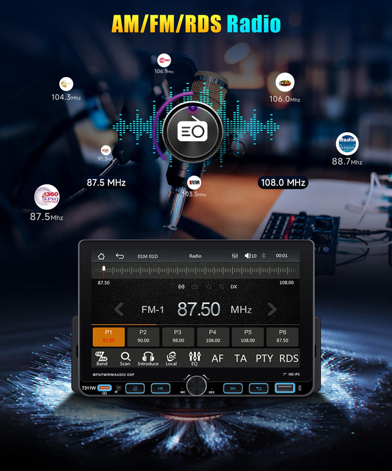 Single DIN Car Stereo with Wireless CarPlay & Android Auto, 7-Inch Touchscreen Car Radio with AM/FM/RDS, Bluetooth 5.0, SWC, Backup Camera, USB-C, Mirror Link