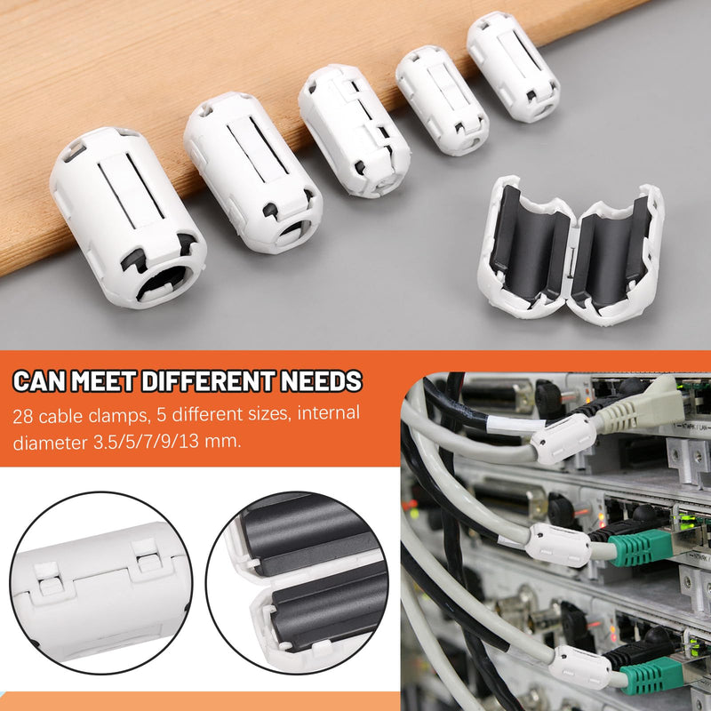 [AUSTRALIA] - Tanstic 28Pcs White Clip-on Ferrite Ring Core RFI EMI Noise Suppressor Cable Clip for 3.5mm 5mm 7mm 9mm 13mm Diameter Cable 