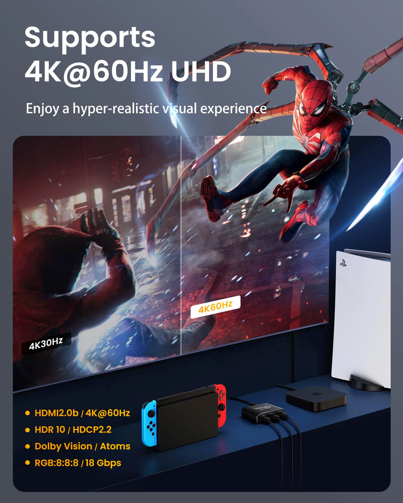 [AUSTRALIA] - HDMI Switch 3-Port 4K@60Hz Aluminum Alloy[with 4FT HDMI 2.0 Cable], avedio links 4K HDMI Switcher, 3 Way HDMI Selector Switch, HDMI Switch 3 in 1 Out Support HDCP 2.2, HDR 10, for PS5, PS4 (Black) Aluminum Alloy 4K@60Hz 3x1 Black 
