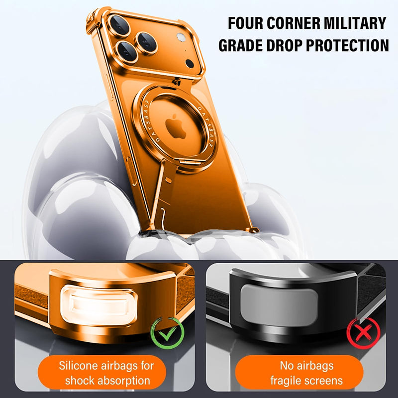 Omio for iPhone 17 Pro Max Bumper Case Compatible with MagSafe, Magnetic Kickstand Slim Aluminum Metal Frameless Borderless Minimalist Design Z Case Shockproof Stand Cover for Men, Orange