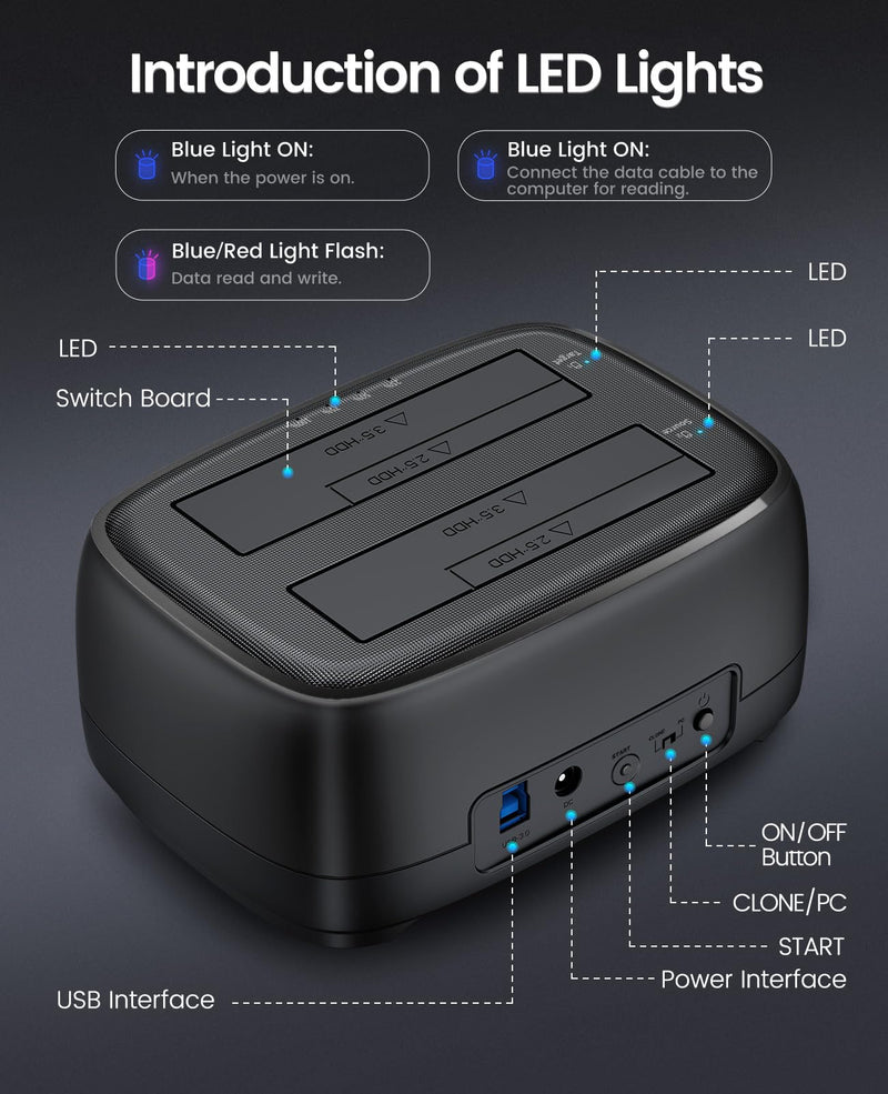ORICO Dual Bay Hard Drive Docking Station Hard Drive Cloner | USB to SATA with Duplicator/Offline Clone Function External Hard Drive Dock for 2.5''/3.5'' HDD SSD Support UASP Plug&Play DD28U3-C
