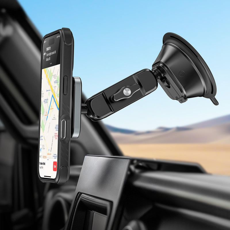APPS2Car Heavy-Duty Vacuum Suction Phone Mount for Car Windshield Dashboard | Industrial 20x N55 Magnet, Alloy Arm, Ultra-Stable Suction Cup Magnetic Phone Holder for iPhone MagSafe/Samsung/Android