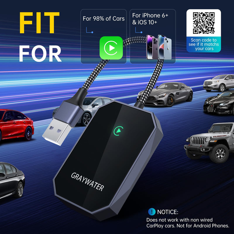 Wireless CarPlay Adapter, Convert OEM Wired to Wireless Car Play Dongle Fit for Cars 2015+ & for Apple iPhone iOS 10+, Innovative Seamless Control Plug & Play Black Gray