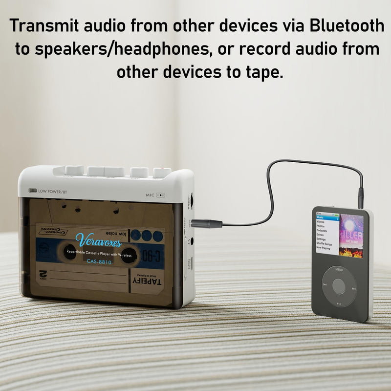 [AUSTRALIA] - Portable Bluetooth Cassette Tape Player, Cassette Player Recorder,Equipped with Headphone and AUX Ports, Support AUX Line in Record,Built-in Microphone, Powered by DC or AA Battery (White) White 