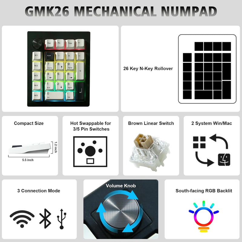 BOYI GMK26 Mechanical Numpad,VIA Programmable BT5.0/2.4GHz/Type-C Hot Swappable Gasket RGB Wireless Number Pad Mini Keyboard Rechargeable Numeric Keypad with Knob(Black) Black