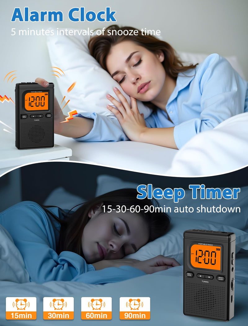 [AUSTRALIA] - 2000mAh Rechargeable AM FM Radio with Bluetooth Portable Transistor Pocket Radio with Best Reception Digital Tuning, Flashlight,LCD Screen,Earphone Jack, Sleep Timer and Alarm Clock for Jogging Black 