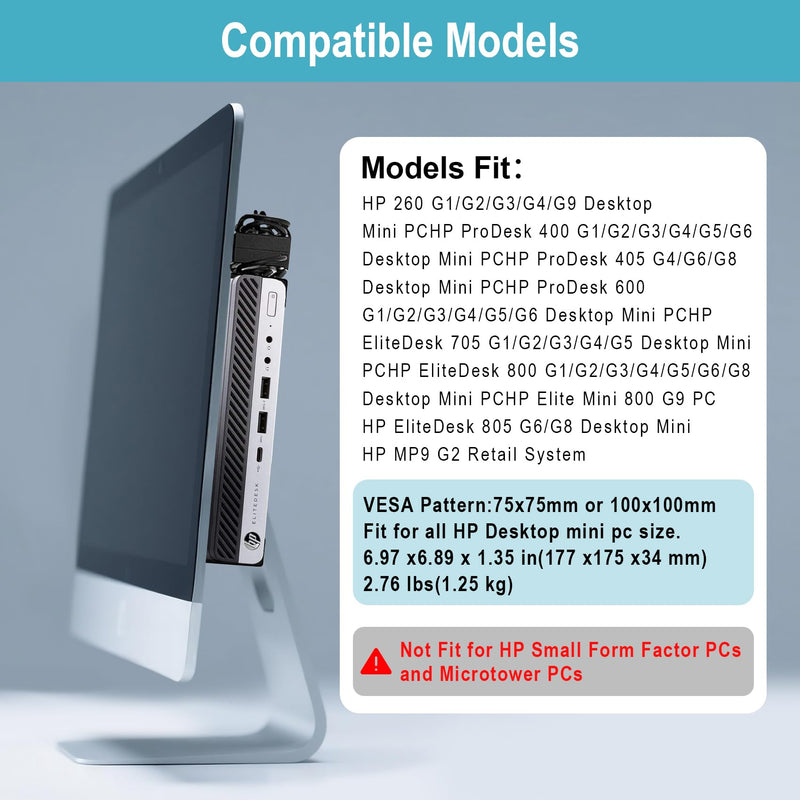 Mini PC VESA Mount Compatible with HP Desktop Mini, HPProDeskMini,EliteDeskMini, Wall VESA and Under Desk Mount for HPPro Mini 260 400,HPProDesk 400 405 600,HPEliteDesk 705 800 805 and More,1 Pack 1