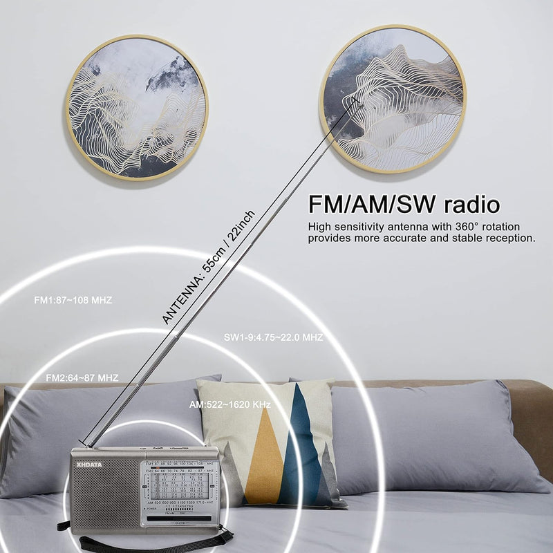 XHDATA D219 Portable AM FM Shortwave Radio Battery Operated Small Great Reception Radio with Good Sound,Earphone Jack for Gift Elder,Home,Child [Sliver] Sliver