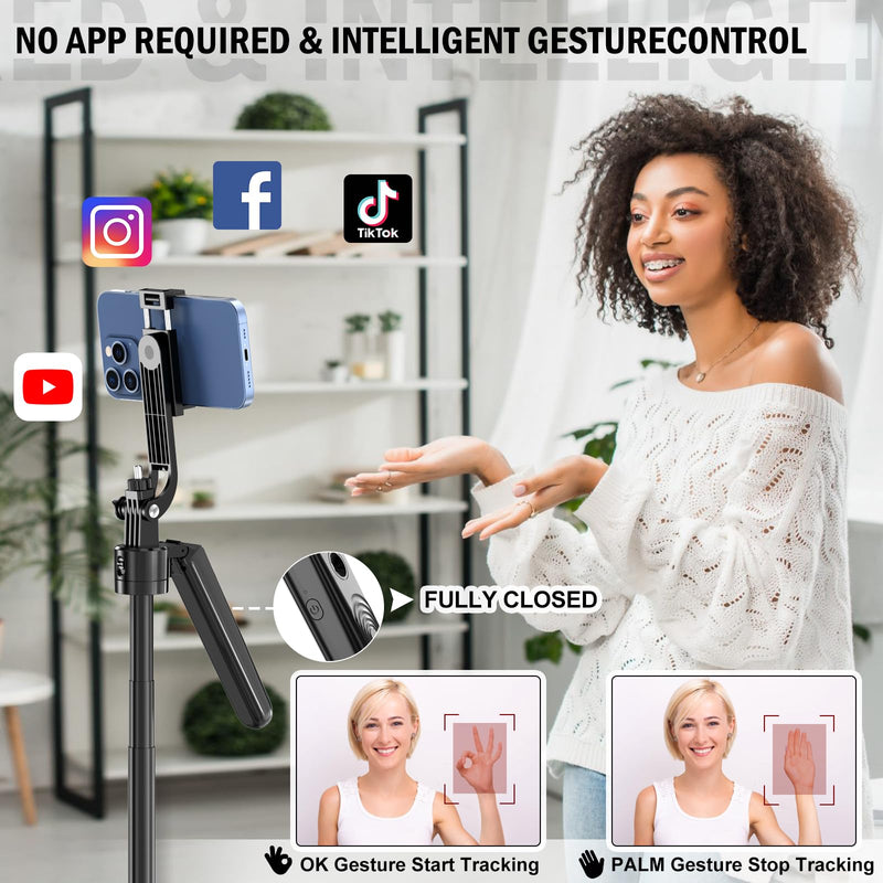 Auto Face Tracking Tripod 360 Rotation with Stand, No App,Phone Camera Holder with Remote and Gesture Control, Built-in Tracking Camera Selfie Stick for Live Vlog Streaming Video Tiktok