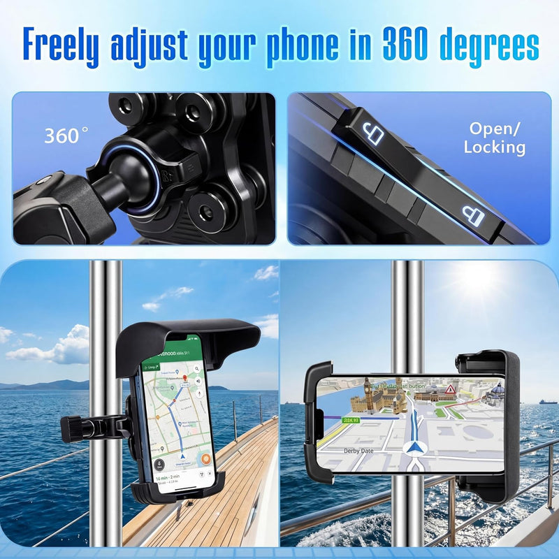 Tellegloww 1 Pack Boat Phone Holder, Crab Clamp, with Sunshade, Black | Crab Clamp Suction or Clip Mount, 360 Swivel Ball Joint Adjustable Angles, Sunshade Reduces Glare, Fits Boat Rails Kayak