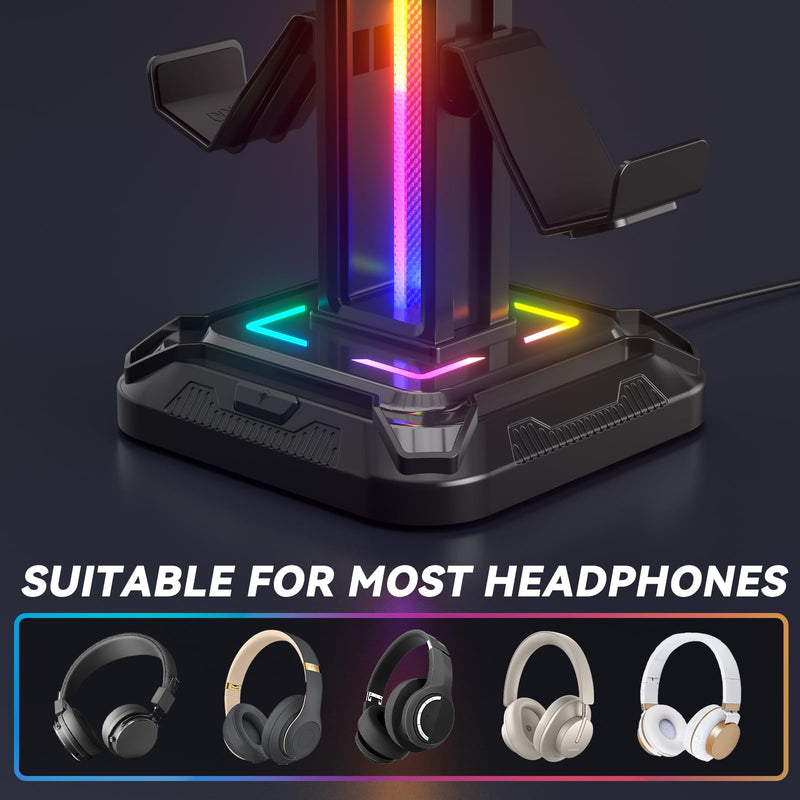 [AUSTRALIA] - KDD RGB Headset Stand with 9 Light Modes - Controller Holder for Desk - Rotatable Headphone Stand & Detachable Controller Hook for PC Earphone Accessories(Black) Black 
