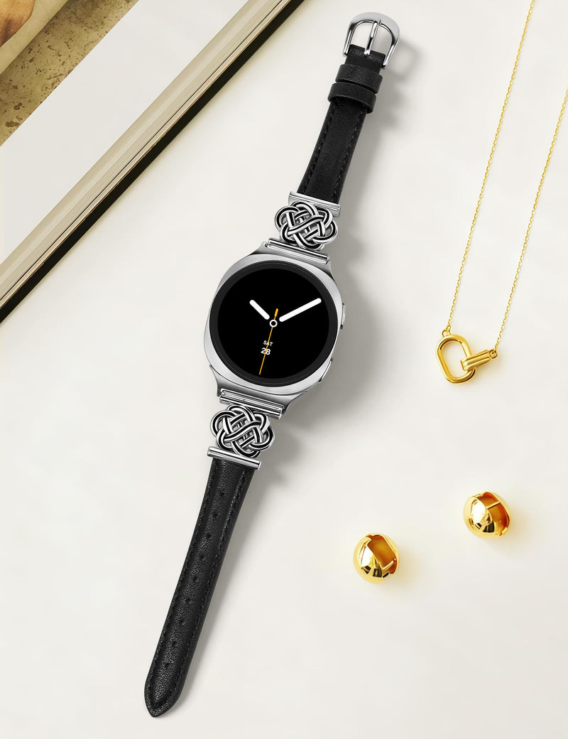 Minyee 2 Packs Compatible with Samsung Galaxy Watch 8 Band Women, Celtic Knot Leather Band & Dressy Stainless Steel Metal Multi-chain Adjustable Link Bracelet