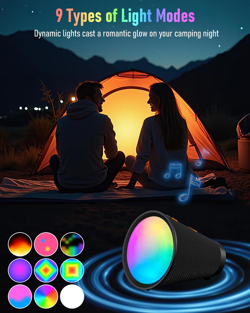 [AUSTRALIA] - Portable Bluetooth Speaker Wireless with 9 Color Lights, 20H Playtime, Stereo Pairing, Deep Bass, IPX6 Waterproof, Bluetooth 5.3, Small Speaker for Home, Party, Outdoor, Camping, Beach, Gift Black 