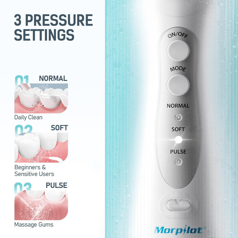 morpilot Portable Cordless Professional 3 Modes Oral Irrigator with 5 Nozzles 1 Tongue Cleaner IPX7 Waterproof Teeth Cleaning 300ml for Travel Home Use