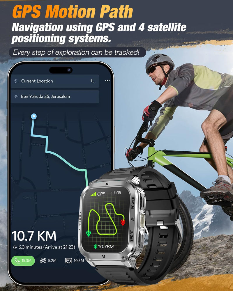 Rugged Durable Smartwatch for Men - 1.83" AMOLED Touchscreen, GPS Map | Military-Grade Tactical Watch, Bluetooth Calling, 7-Day Battery Life Silver