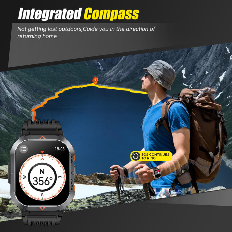 Military Smart Watches for Men Make/Answer Calls 2.02'' HD with Flashlight | Outdoor Sports Smartwatch Compass Big Battery SOS Heart Rate/Sleep Monitor 3ATM Waterproof Fitness Watch for iOS/Android