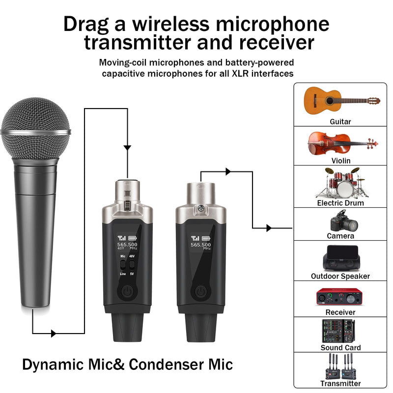 Wireless XLR Transmitter and Receiver and Guitar Transmitter Receiver Mic Adapter 16 Channels 196ft Range for Dynamic Microphone Audio Mixer Electric Guitar Bass (with gold plated) with gold plated