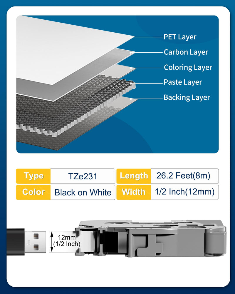 12mm 0.47 Laminated White Label Tape Relpacement for TZe-231 Brother Label Maker Tape, AZe Black on White Label Tape Compatible with Brother P Touch Label Maker PT-D210 PT-H110 PT-D220 PT-D400, 4 Pack