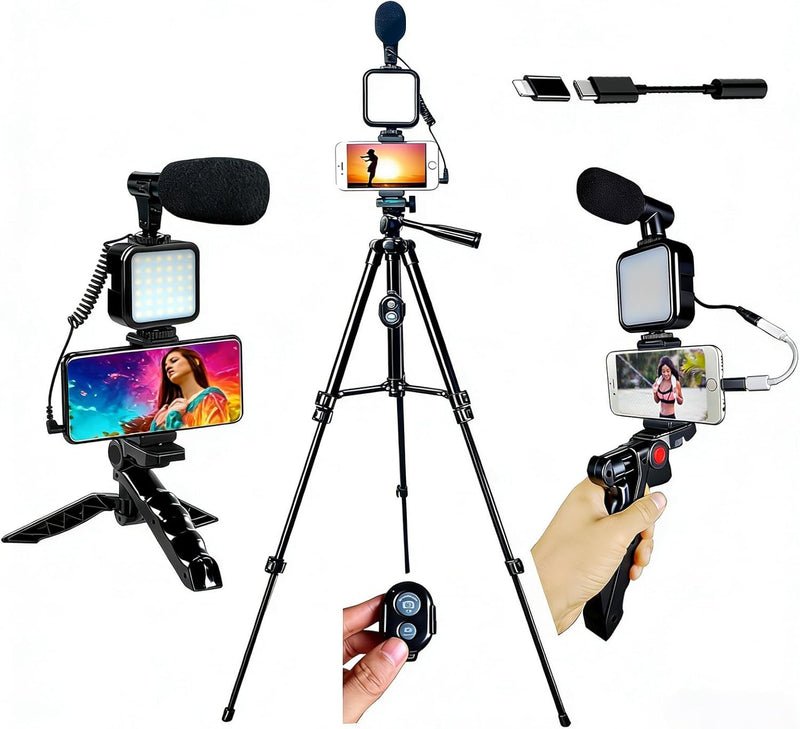 [AUSTRALIA] - Smartphone Video Kit, Vlogging Kit, Youtuber Kit, with Microphone Light Tripod 50" Extendable Phone Clip Remote Control Compatible with iPhone/Smartphone/Cameras 