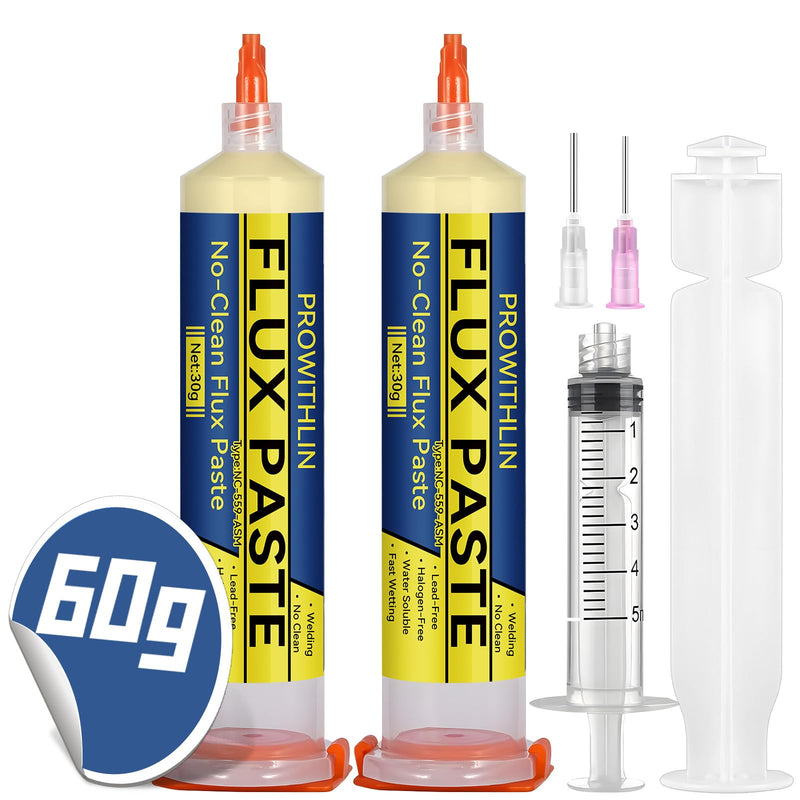 prowithlin Flux Soldering, 60 ml, Pack of 2 Soldering Paste with 2 Needles, 1 Pusher & 1 Syringe, 60 g No Clean Solder with Flux for BGA/IC/CPU/PCB/SMD 2 Pack