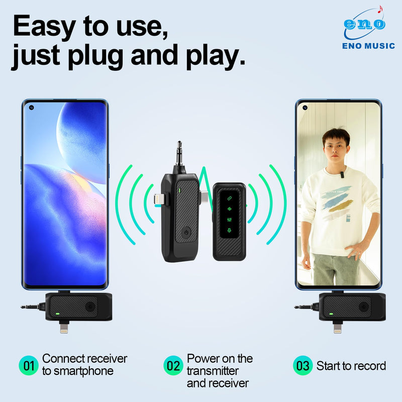 ENO MUSIC 3 in 1 Clip-on Wireless Lavalier Microphones for iPhone, Android, Camera, 8 Hours Rechargeable Battery, USB-C Microphone with Noise Reduction for Video Recording, Vlog, YouTube, TikTok