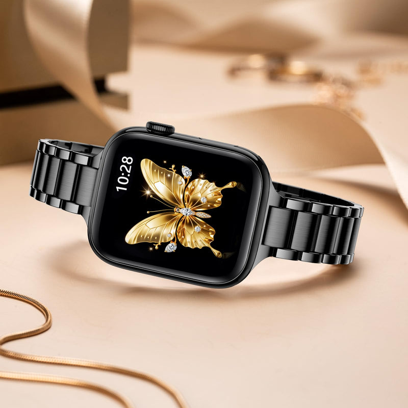 Slim Apple Watch Leather Band and Stainless Steel Metal Band for iWatch 38mm, 40mm, and 41mm，Black Black+Metal Black