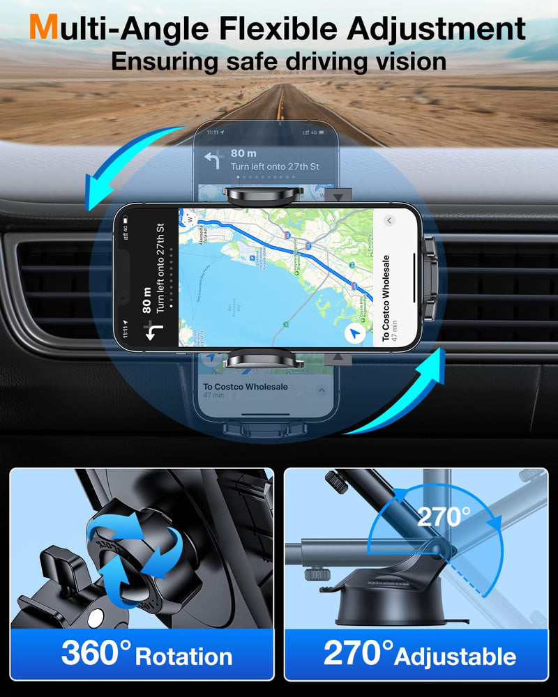 HTU Ultimate Best【Military-Grade & Safety Cert】 Universal Car Phone Holder | Cell Phone Car Mount Truck Car Mount for Dashboard Windshield Air Vent for iPhone 17 16 Pro Max, Samsung, 2pcs, Black
