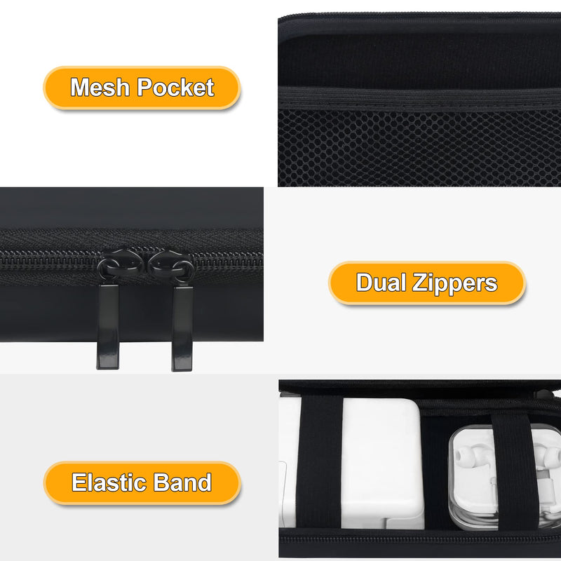 Elonbo Hard Electronics Accessories Travel Case Bag for MacBook Air Pro Charger iPhone 13 / 13 Pro Charger USB Hub, Extra Mesh Pocket Fits Charging Cable Cord Power Adapter Hard Drive, Black+ Black