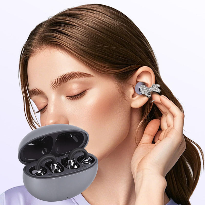 Dpofirs Clip On Earbuds, Jewelry Inspired Bluetooth Wireless Open Ear Headphones, with Butterfly Earrings, Lightweight Clip Earring Earphones, for Women Sports Workouts