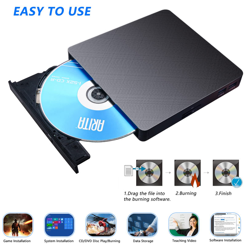 [AUSTRALIA] - HATOKU External CD/DVD Drive for Laptop (USB 3.0 & USB-C): 8X DVD/24X CD Burner Writer - Portable DVD Player for Laptop - Plug & Play External CD Drive for PC Desktop Windows 11 10 8 7 MacOS Linux Black 