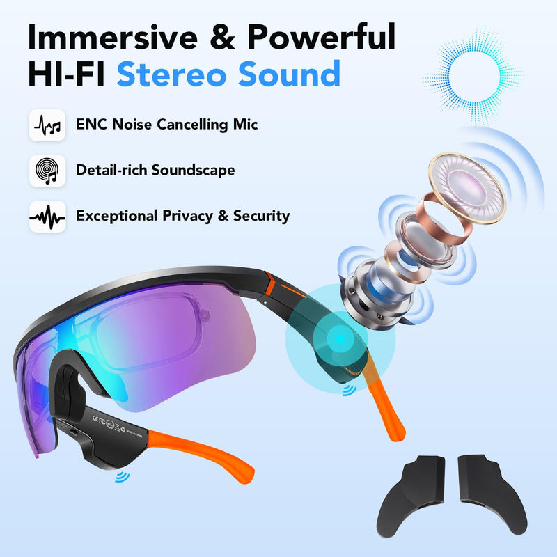 Sporty Bluetooth Safety Audio Glasses with Enhanced Mic Silicone Sleeve | King Will, Water-Resistant & UV Protection, For Cycling & Outdoor, Enhanced HIFI Stereo Effects, Fast Charging, 8H Playtime