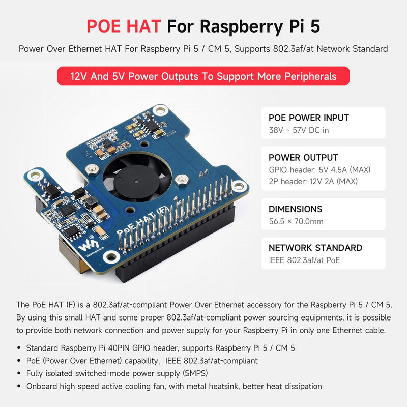 Waveshare PoE HAT (F) Compatible with Raspberry Pi 5, High Power, Onboard Cooling Fan, with Metal Heatsink, Supports 802.3af/at Network Standard
