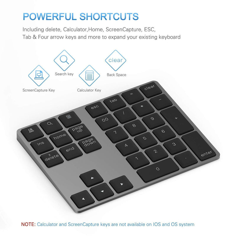 Lekvey Bluetooth Number Pad, Aluminum Rechargeable Wireless Numeric Keypad | Slim 34-Keys for Macbook, MacBook Air/Pro, iMac, Laptop, Windows, Surface Pro etc, External Numpad Keyboard Data Entry, Black Bluetooth - Black