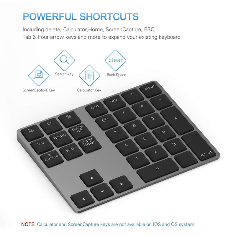 Bluetooth Number Pad, Lekvey Aluminum Rechargeable Wireless Numeric Keypad Slim 34-Keys External Numpad Keyboard Data Entry Compatible for Macbook, MacBook Air/Pro, iMac Windows Laptop Surface Pro etc Bluetooth - Black