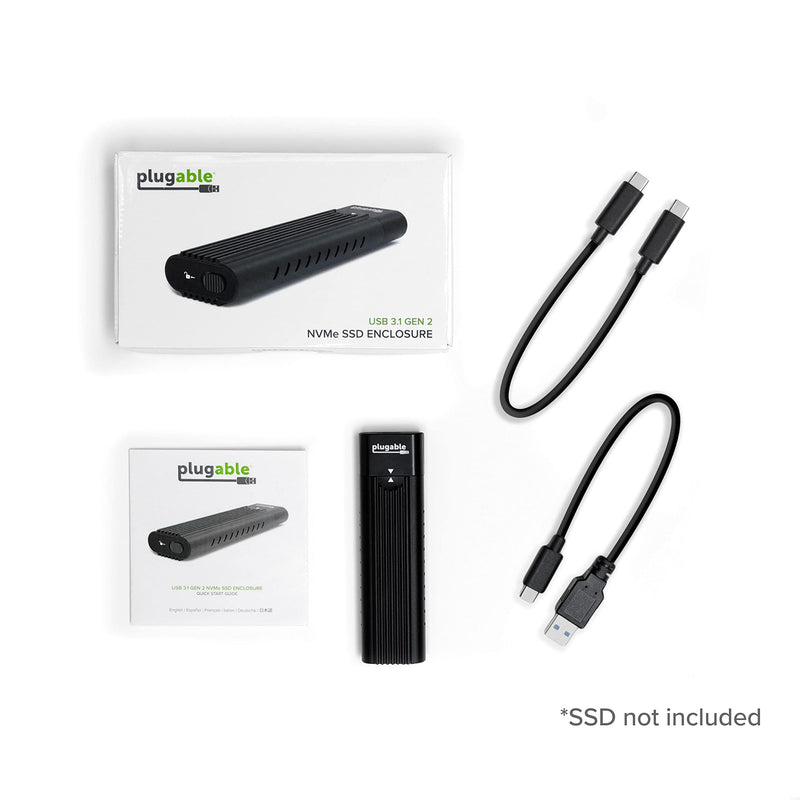 Plugable USB C to M.2 NVMe Tool-free Enclosure USB C and Thunderbolt 3 Compatible up to USB 3.1 Gen 2 Speeds (10Gbps). Adapter Includes USB-C and USB 3.0 Cables (Supports M.2 NVMe SSDs 2280 2260 2242)