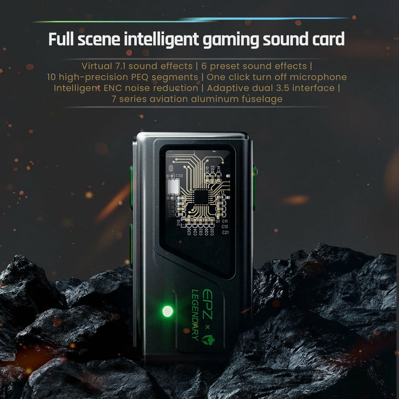 EPZ TS01 External USB-C Gaming Sound Enhancement Card Hi-Fi Grade DAC Chip Virtual 7.1 Surround Adaptive Dual 3.5mm Ports Built-in EQ Visualisation Compatible with PC Laptop PS5, PS4, Xbox, SWITCH2 Black