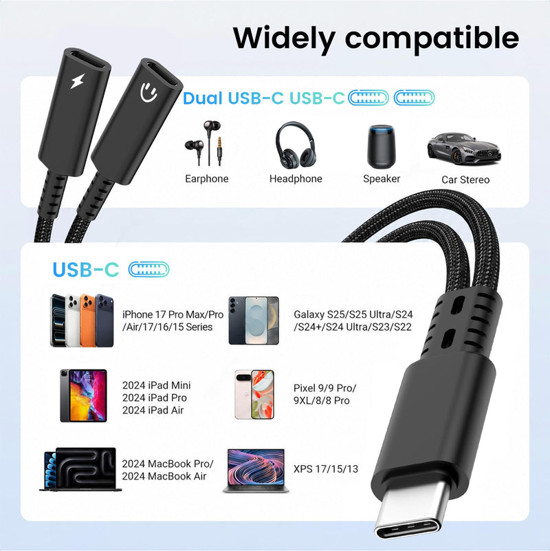 USB C Splitter 1 in 2 Out, Dual USB C Headphone and Charger Adapter, Type C Audio Jack Dongle with PD 60W Fast Charging Cable for iPhone 17 16 15 Pro Max, iPad, Samsung Galaxy S25 S24 Ultra More USBC