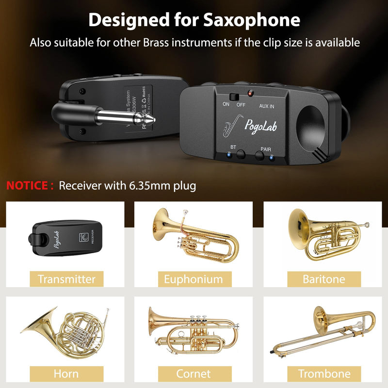 [AUSTRALIA] - UHF Wireless Saxophone Microphone System, Rechargeable Mic Pickup System with Storage Case, 164 Feet Range, Clip-On Transmitter with Treble/Bass/Middle Adjustment, for Most Brass Instruments 