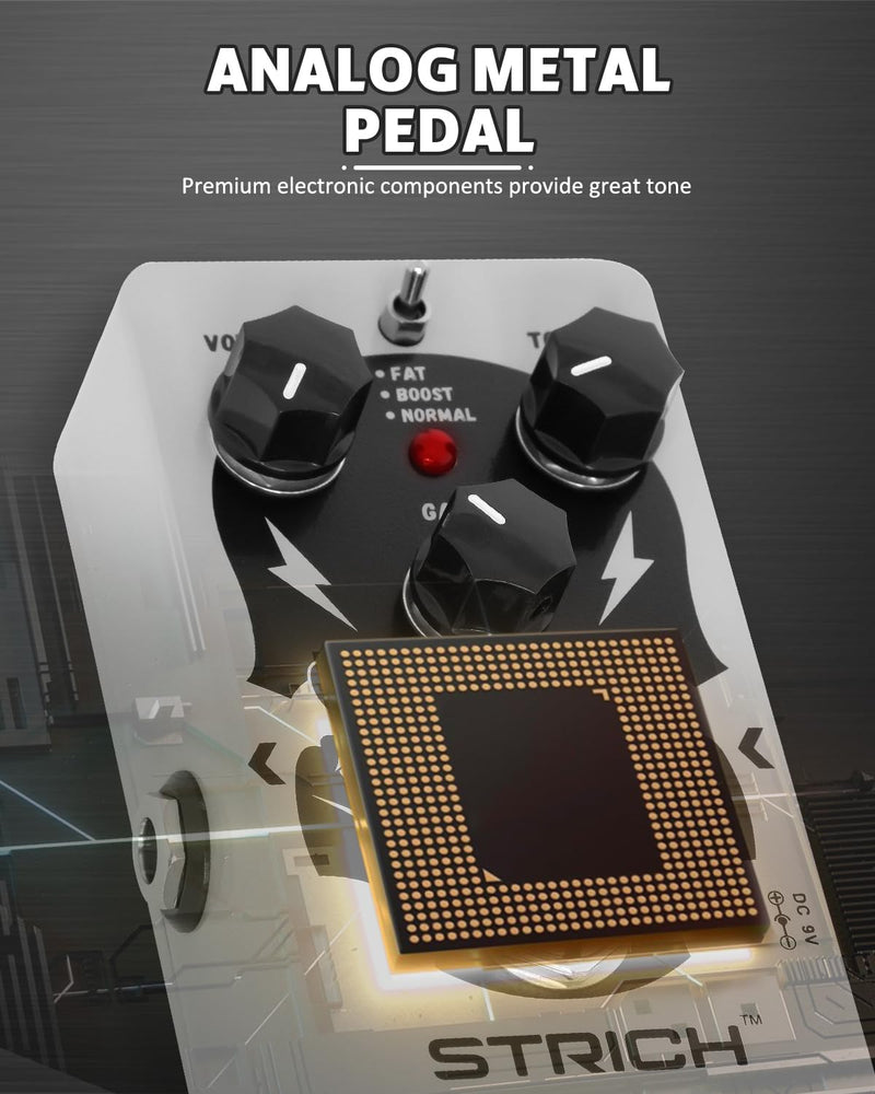 STRICH GREY TUBE Distortion Guitar Pedal, Distortion 3 Modes Fat, Boost, Normal Classic Crunch 80s Metal/Nu Metal, True Bypass for Electric Guitar, White White Distortion
