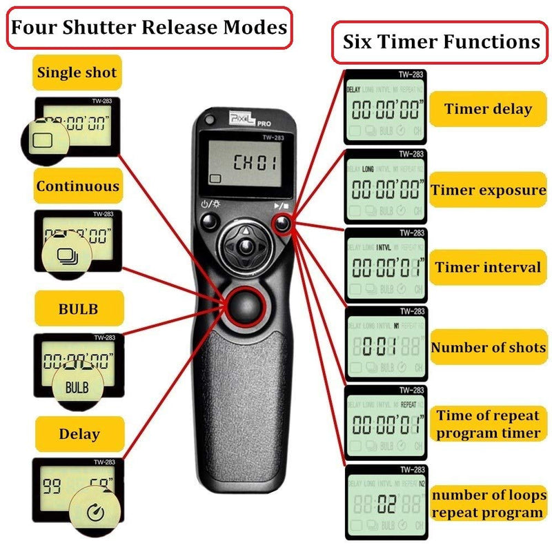 Pixel Timer Shutter Release Remote Control TW283-DC2 Remote Release for Nikon Z7 Z7II Z6 Z6II Z5 D5600 D3300 D5000 D5100 D5200 D5300 D5500 D90 D7000 D7100 D7200 D7500 D780 D610 D750 P7700 P7800 TW-DC2 Nikon