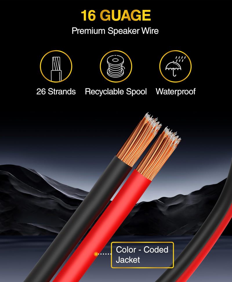 BlueRigger 16 Gauge Speaker Wire (50FT, 16 AWG, Speaker Cable, CCA, HiFi Stereo, Polarity Identification) - Car Audio Wire for Home Theater, Surround Sound Systems, Automotive Amps, Banana Plugs 50FT
