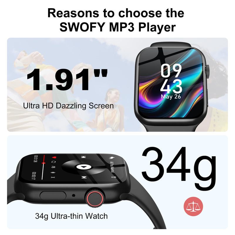 [AUSTRALIA] - MP3 Player with Bluetooth 5.3 - SWOFY M2 32GB Touchscreen Music Player with Detachable Strap,Built-in Speaker,1.91'' IPS Display,Portable Sport MP3 Players for Running,Gym,Kids & Adults - Black 