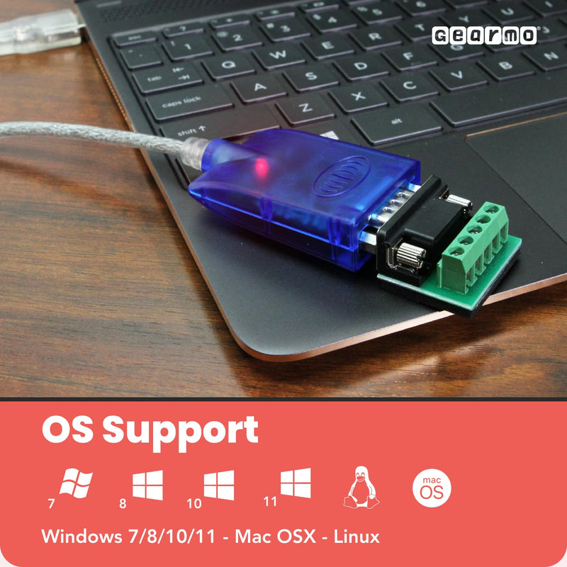 Gearmo RS485 to USB Adapter with LED Indicators, FTDI Chipset, Terminal Board, ESD Protection, Supports Windows 11, Linux, MacOS X, RS422 to USB Compatible, 5ft Cable (Pack of 2) 5 feet (Pack of 2)