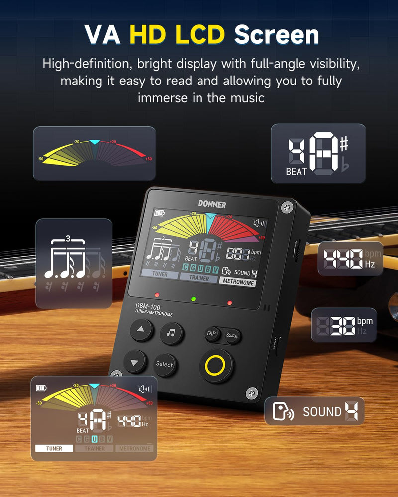 Donner Metronome Tuner, Rechargeable 3 In 1 Digital Metronome with Trainer Rhythm Mode, Tone Generator Tuners for Guitar, Bass, Violin, Ukulele, Chromatic, Piano, Flute, All Instruments, Black