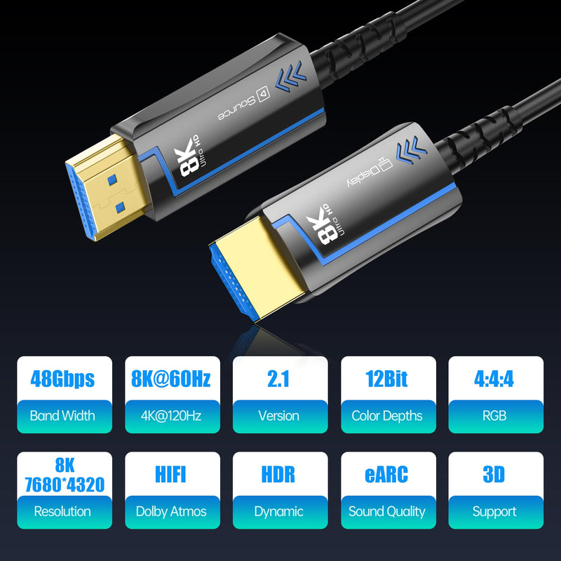 Fiber Optic HDMI Cable Speed HDMI 2.1 Cable 8K@60 4K@120Hz 48Gbps HDR eARC HDCP Compatible with UHD TV Box Projector PS5 Gold Plated Connector Ultra High Computer (Fiber Optic, 6.6FT(2M)) Fiber Optic 6.6 ft