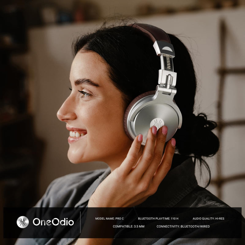 OneOdio Bluetooth Over Ear Headphones, 110 Hrs Wireless/Wired Stereo Sound Foldable Headsets with Deep Bass 50mm Neodymium Drivers for PC/Phone/Tablet - Studio Wireless Pro C, Silver