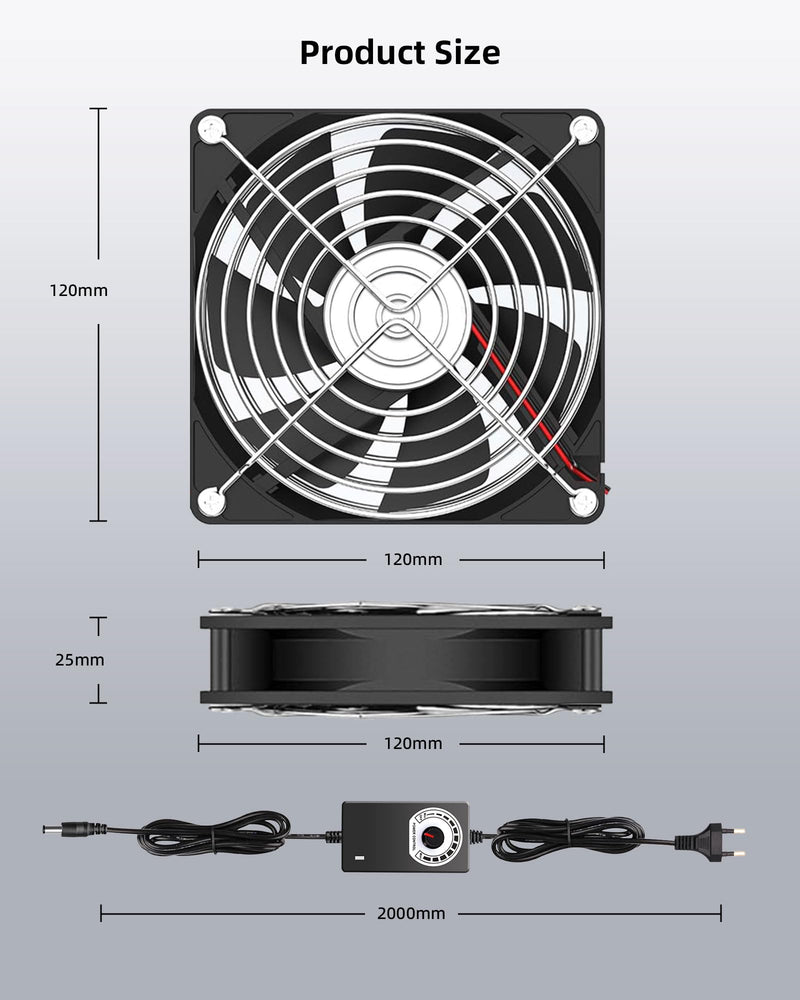 RUIZHI 120 mm Case Fan 12 V PC Fan - Computer Fan Adjustable Wind Speed, AC 220 V - 240 V Fan, 2750 RPM, Fan for PC Laptop, TV, Radio, Router, Single Row Fan 120mm×120mm×25mm