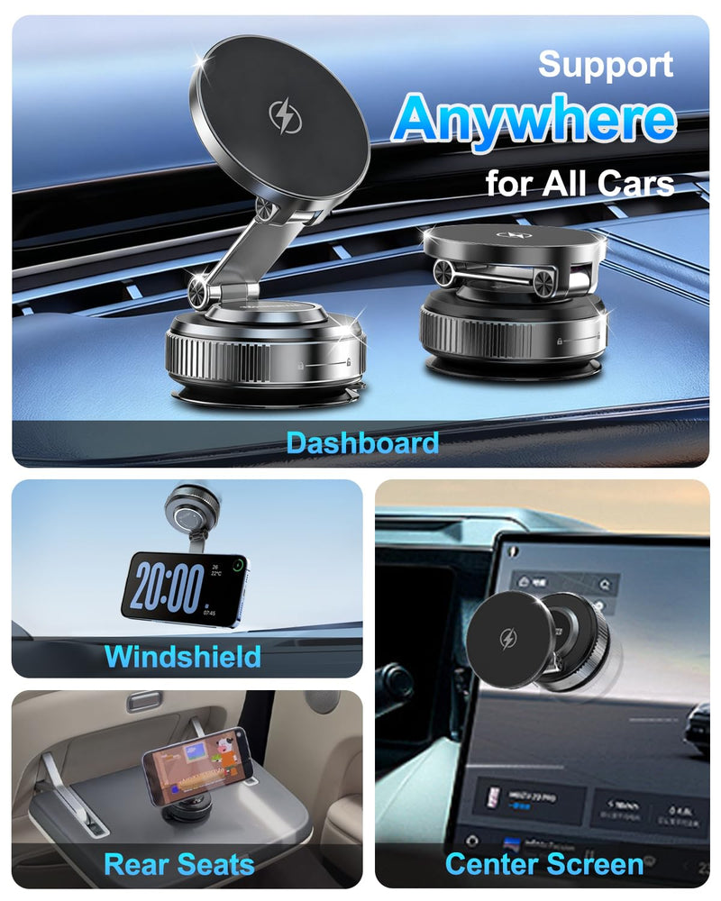 for MagSafe Car Mount Charger, 15W Fast Charging Magnetic Wireless Car Charger, Vacuum Magnetic Phone Holder [120LBS Ultra Suction Cup & 3000gf Magnet ] 780° Dashboard Car Bracket for iPhone & Android