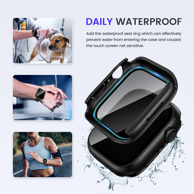 Goton 2 in 1 Privacy Waterproof Apple Watch Case for Series 9 8 7 Screen Protector 45mm, Front Anti Spy Tempered Glass Face Cover + Back Bumper for iWatch Accessories 45 mm Black
