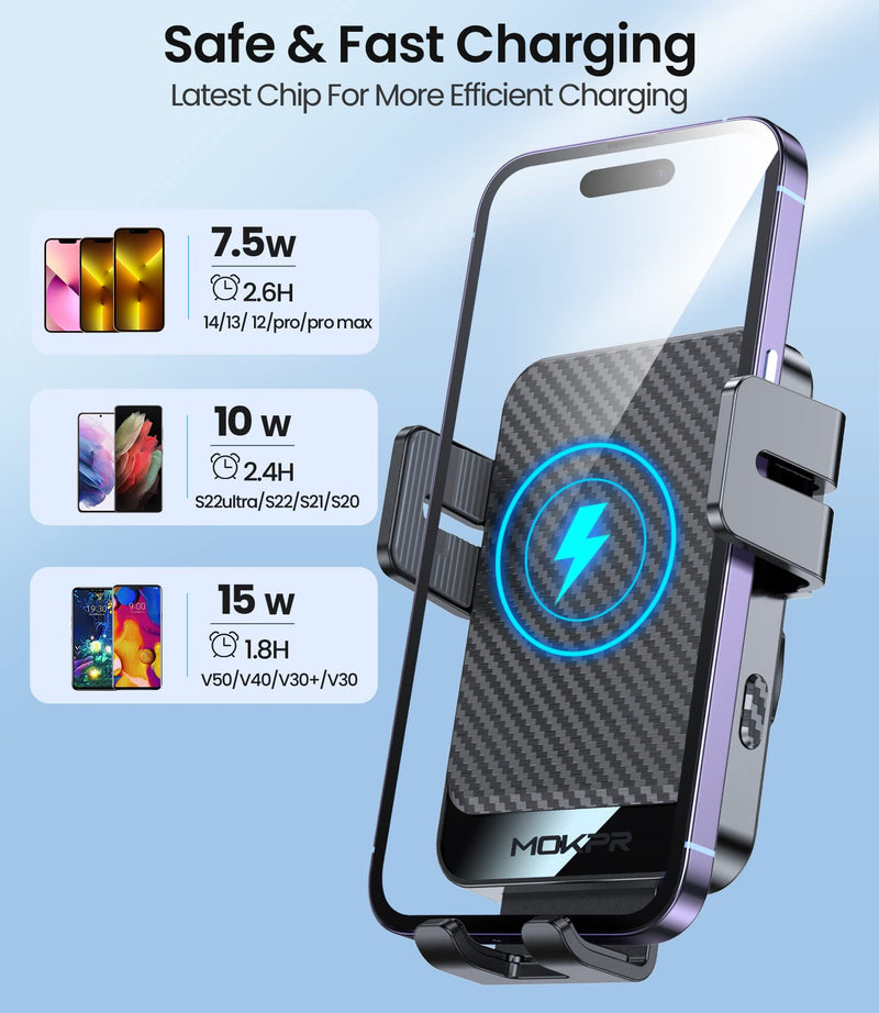 Wireless Car Charger, MOKPR 15W Fast Charging Auto-Clamping Car Mount Universal Hands-Free Car Charger Mount for Dash Windshield Air Vent Compatible with iPhone 16 15/14/13/12, Samsung S23/S22/S21,etc Grey